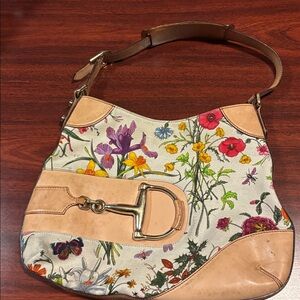 Gucci Floral Canvas and Tan Leather Shoulder Bag